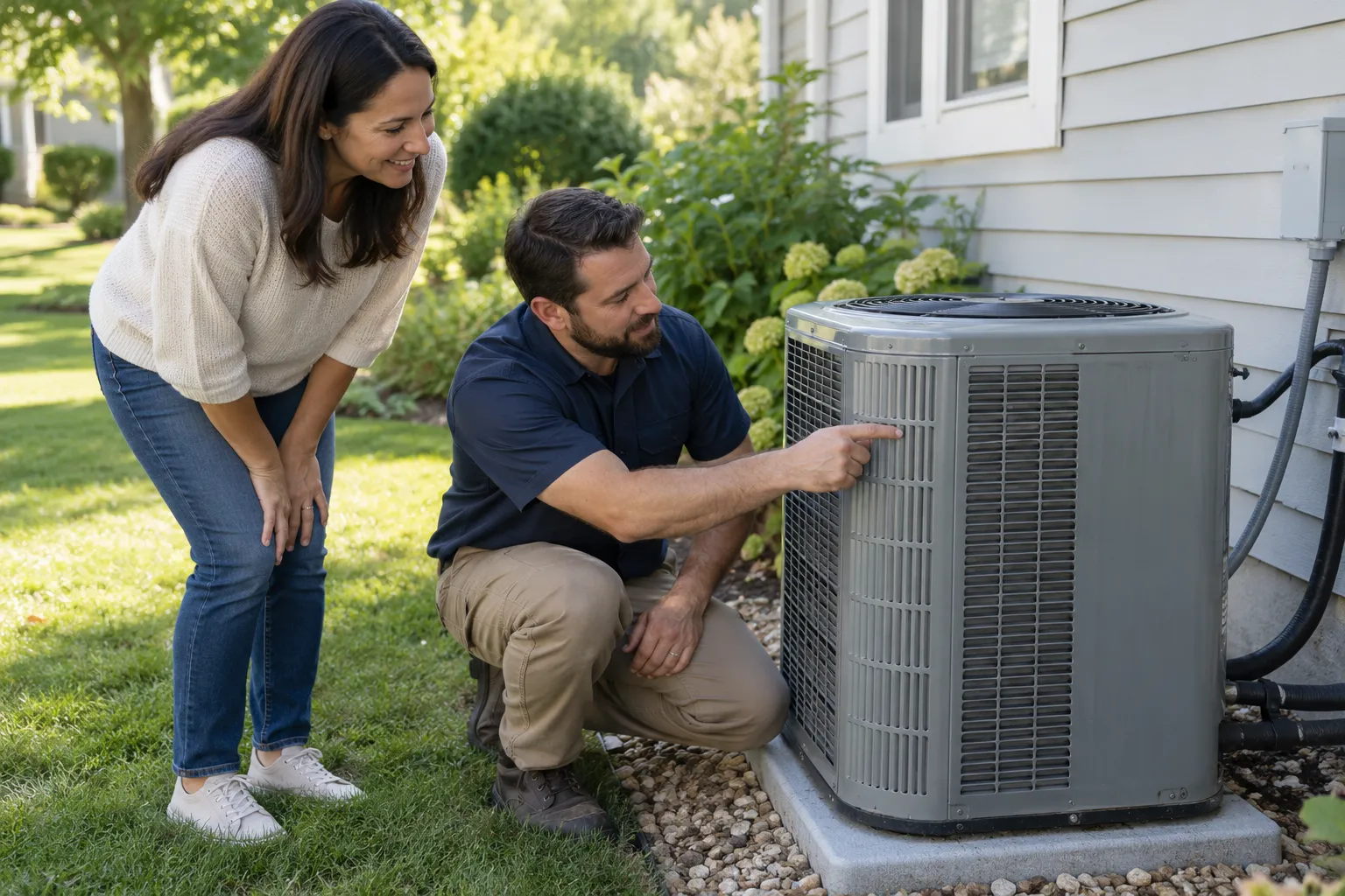 A provider explaining a heating and cooling system to a homeowner in the Eagle Harbor area