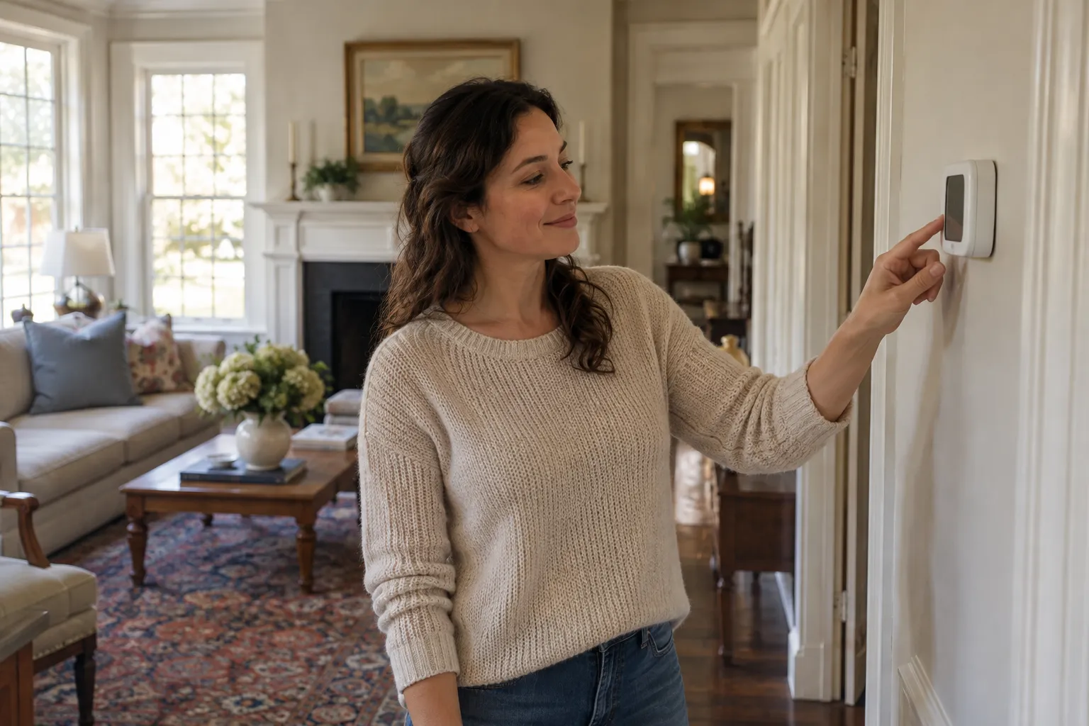 A homeowner checking a thermostat in a calm, bright living room in Eagle Harbor